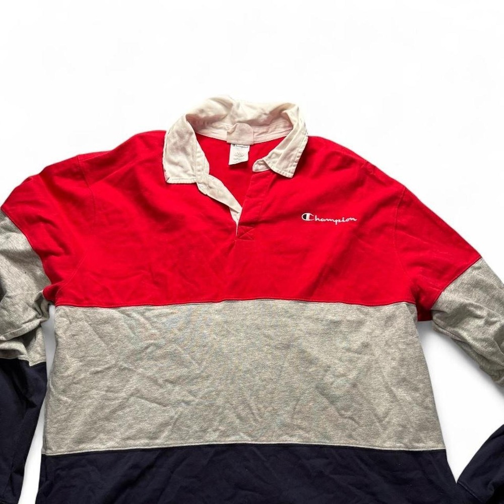 Champion Reverse Weave Rugby Shirt Mens XL Colorblock Long Sleeve Red Grey Navy - Picture 2 of 7